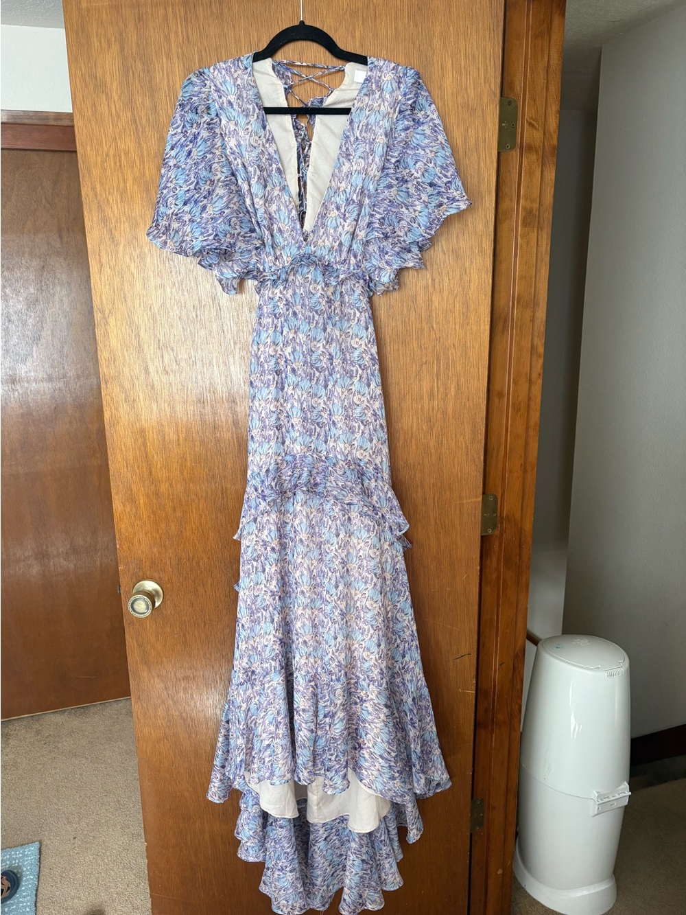 Astr Printed Maxi Dress in Lavender and Light Blue